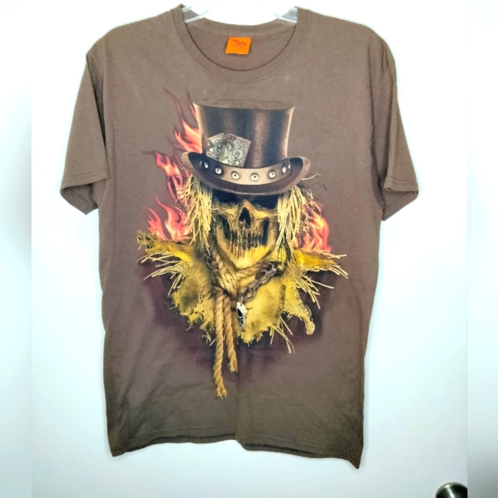 Happy Halloween (Size M) Top Hat Scarecrow Skull & Fire Flames T-Shirt